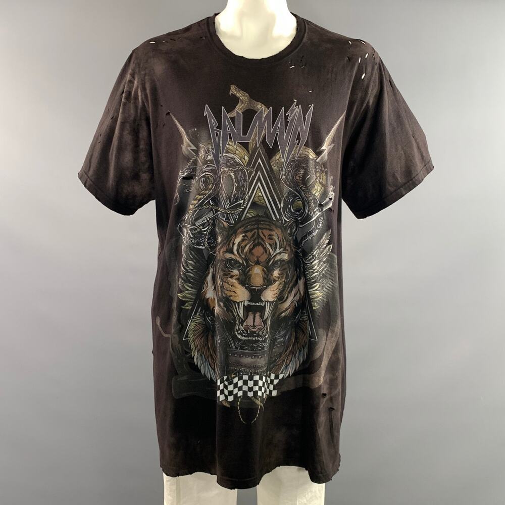 BALMAIN Size XL Black Tan Distressed Cotton T Shirt